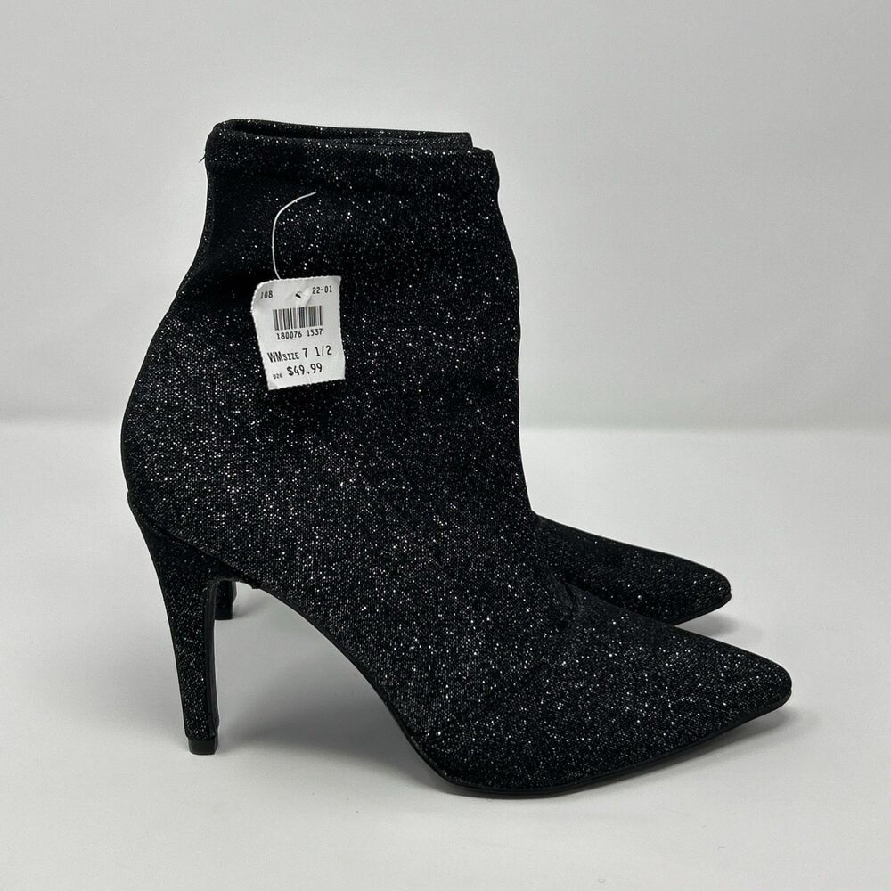 Brash Womens 7.5 Sparkle Sock Boots Black Pointed Toe Glitter Heels STORE MODEL